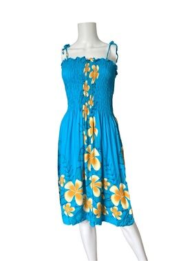 Hibiscus Collection Hawaiian Dress Blue Yellow Floral Tropical Resort Vacation